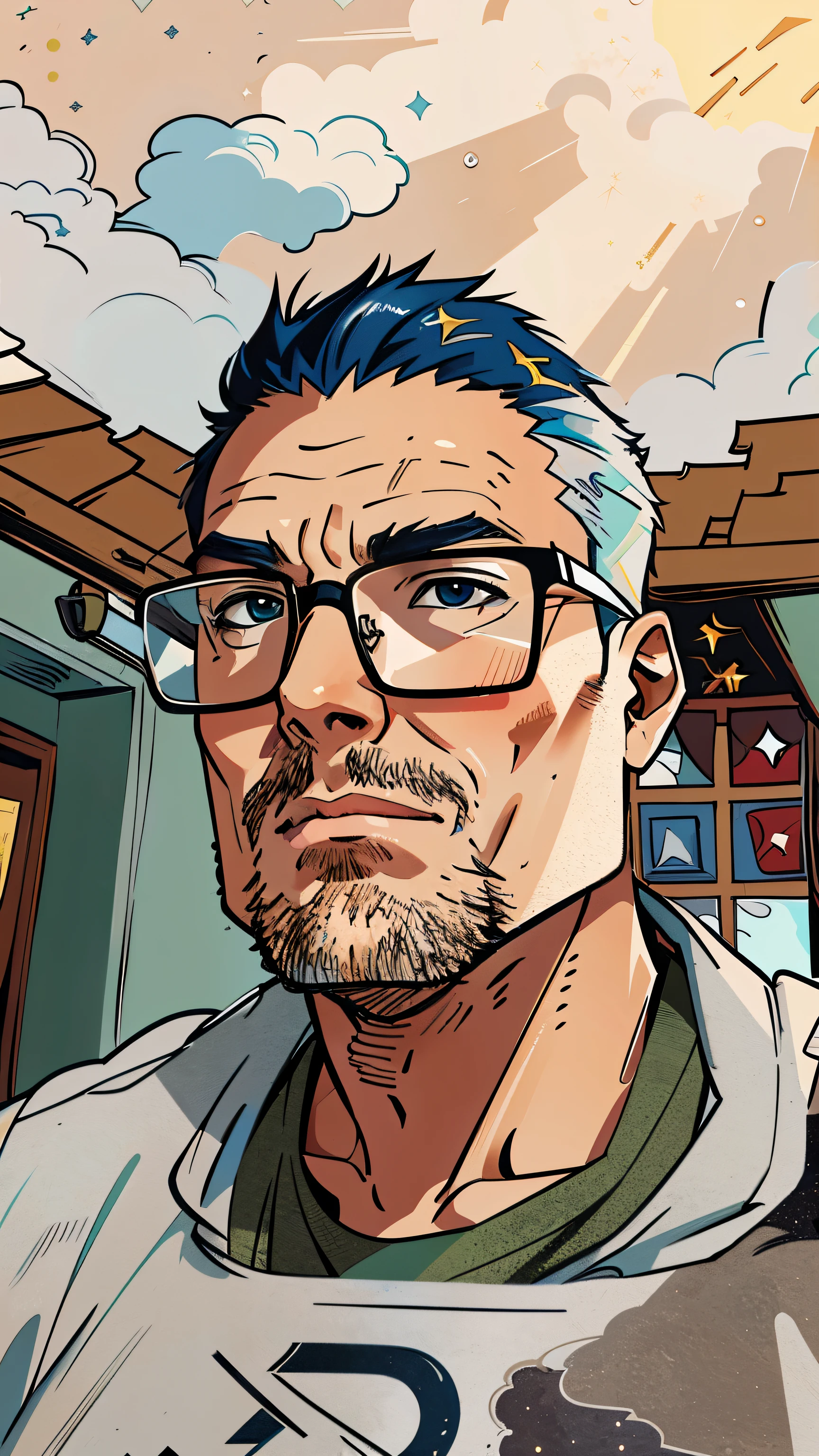 Da war ein Mann mit Brille und gelbem Kapuzenpulli, Selfie-Fotos, Leng Jun, 40 Jahre alt, Cooler Typ，Illustration，gemustert