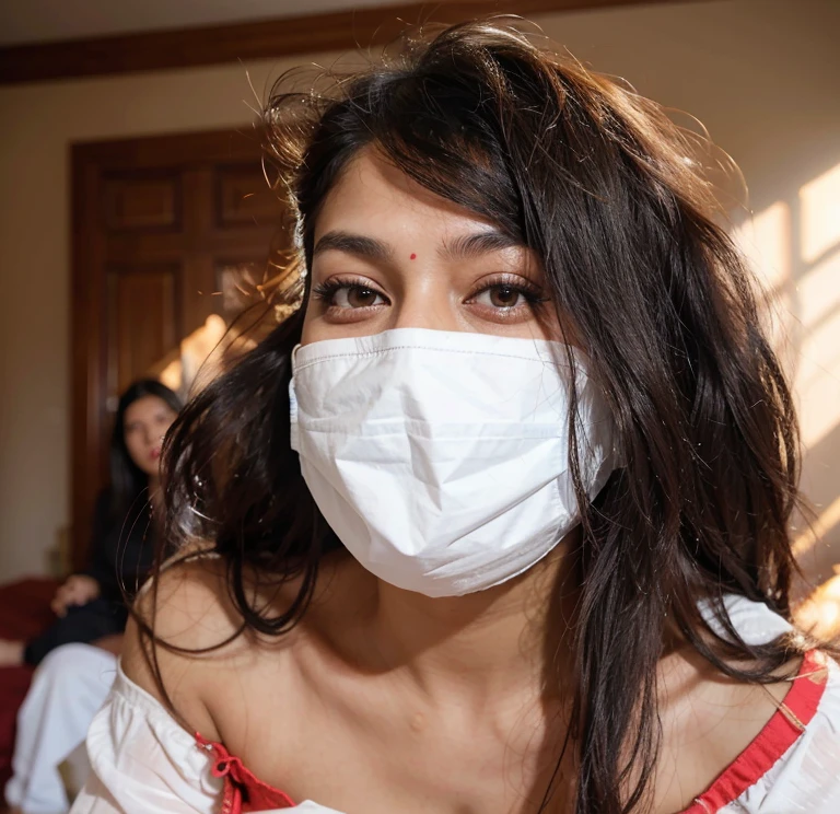 Indian woman with long black hair sitting on a bed, an indian woman, south asian girl, beautiful asian girl, indian girl with long hair, indian women, 30 years old, lovely woman, south east asian with long hair, black face mask, big tits