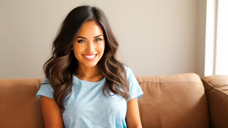 A 28-year-old woman, con jenas y camiseta, sonriendo, sentada en un sofa feliz y tranquila, mirando hacia la ventana, hay una mesa de centro y una cilla mecedora, atractiva mujer, toma de foto gran angular