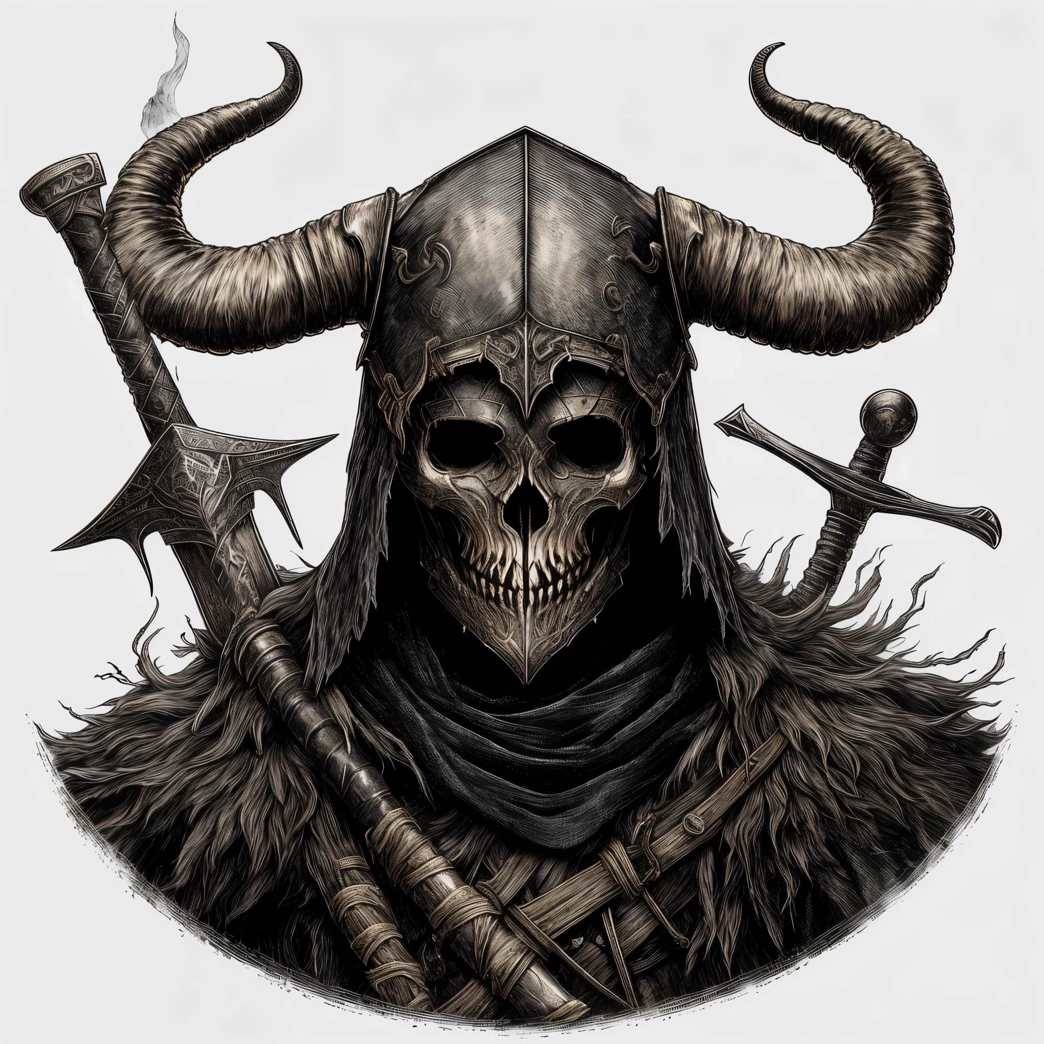 un dibujo de una calavera con cuernos y una cabeza con cuernos, en un casco con cuernos, Viking warrior illustration, Arte oscuro altamente detallado, El portador de la muerte, casco con cuernos, Mark Riddick, Caballero aterrador, Casco Crow Skull Knight, hooded skull, Caballero malvado, Nordic warrior, Caballero no-muerto, Caballero esqueleto, del videojuego Vermintide 2