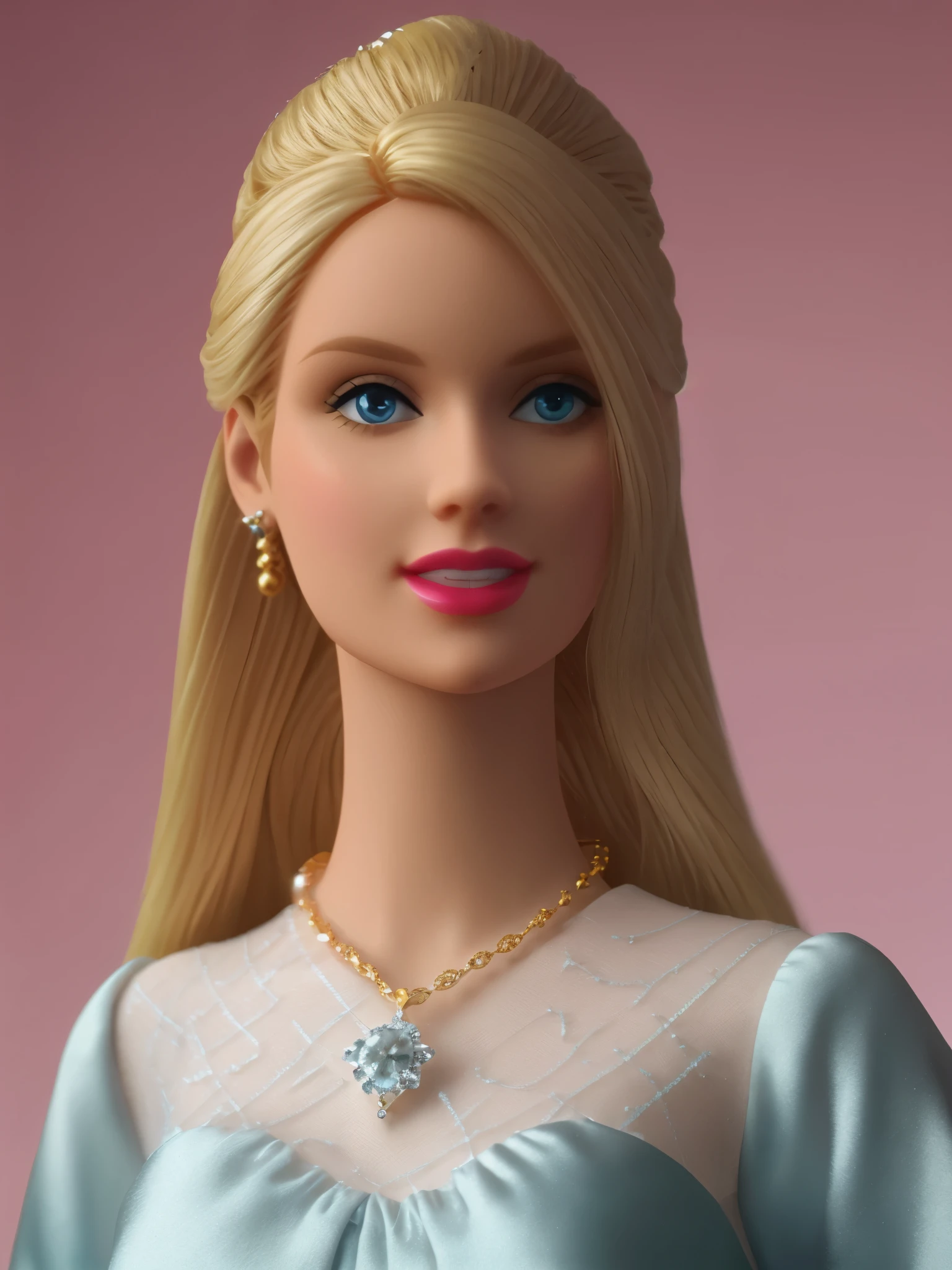 anorexic tall young european (Barbie) princess doll while walking, Delicate detailed face, flawless-silicone-skin, animated, detailed white skin texture, golden-ponytail-hair, (adorable), Clean, wide smile, belly-piercing, glowing-blue-eyes, blue colored pupil, silk pink robe, (black handbag), luxurious tiara, gloss, fresh flowers, (landscape), (ocean), mountains, pine forest, centered golden frame, center, diamond necklaces, pearls, Disney style, high resolution, official art, unreal-engine, high dynamic range, (render), cinema4d, sun ray, porcelain, (looking at viewer), makeup, red lips, depth of field, from below, masterpiece, 8K, best quality, anatomically correct,