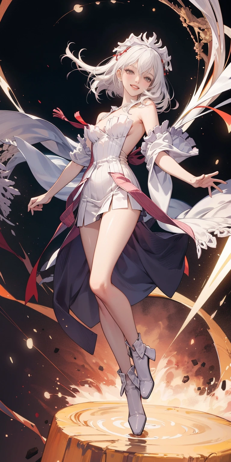 full-body close-up, create an elegant atmosphere), white short skirt, white hair shawl, graceful flowing, elegant movements, lustful smirking smile expression (red blush), floating in the air, (1girl), slim figure)
