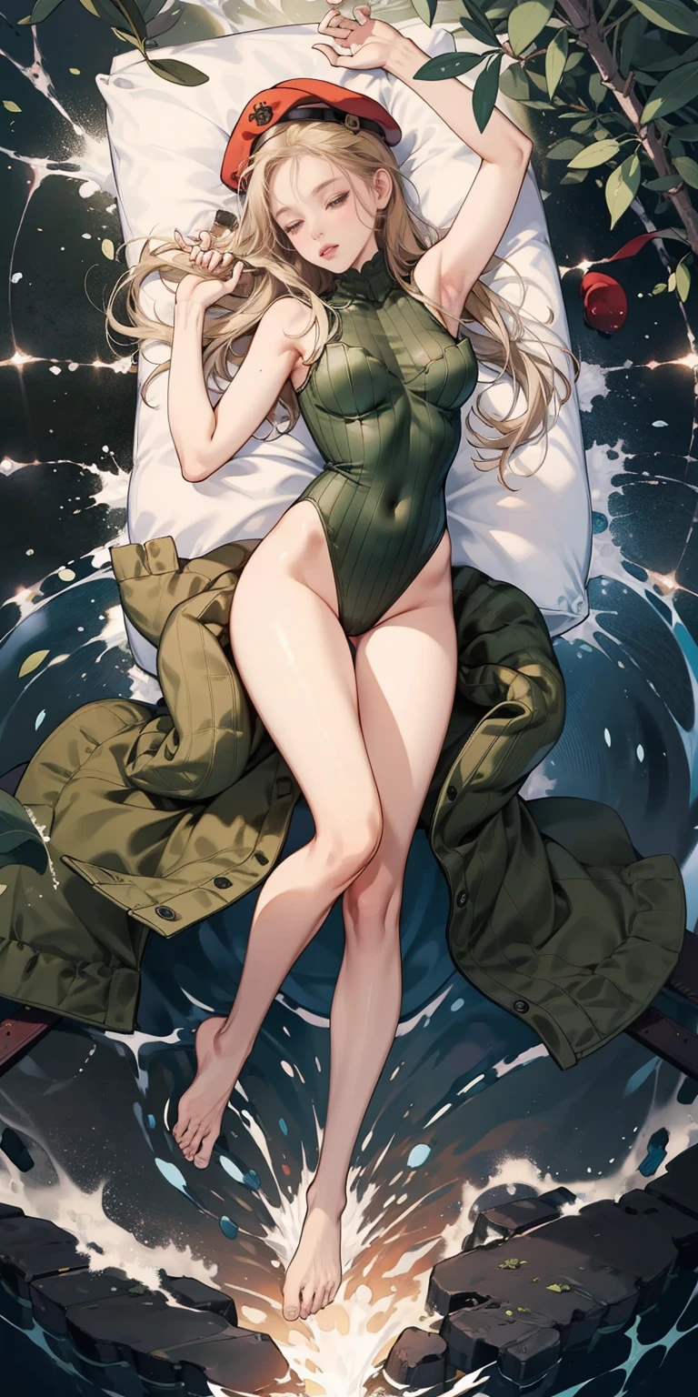 full-body close-up, create an elegant atmosphere), barefoot on water, sleeping on waterbed ((top-quality)), cammy, Olive Drab leotard, Red beret, Beautiful skins, Beautiful belly, hips up, sweet,