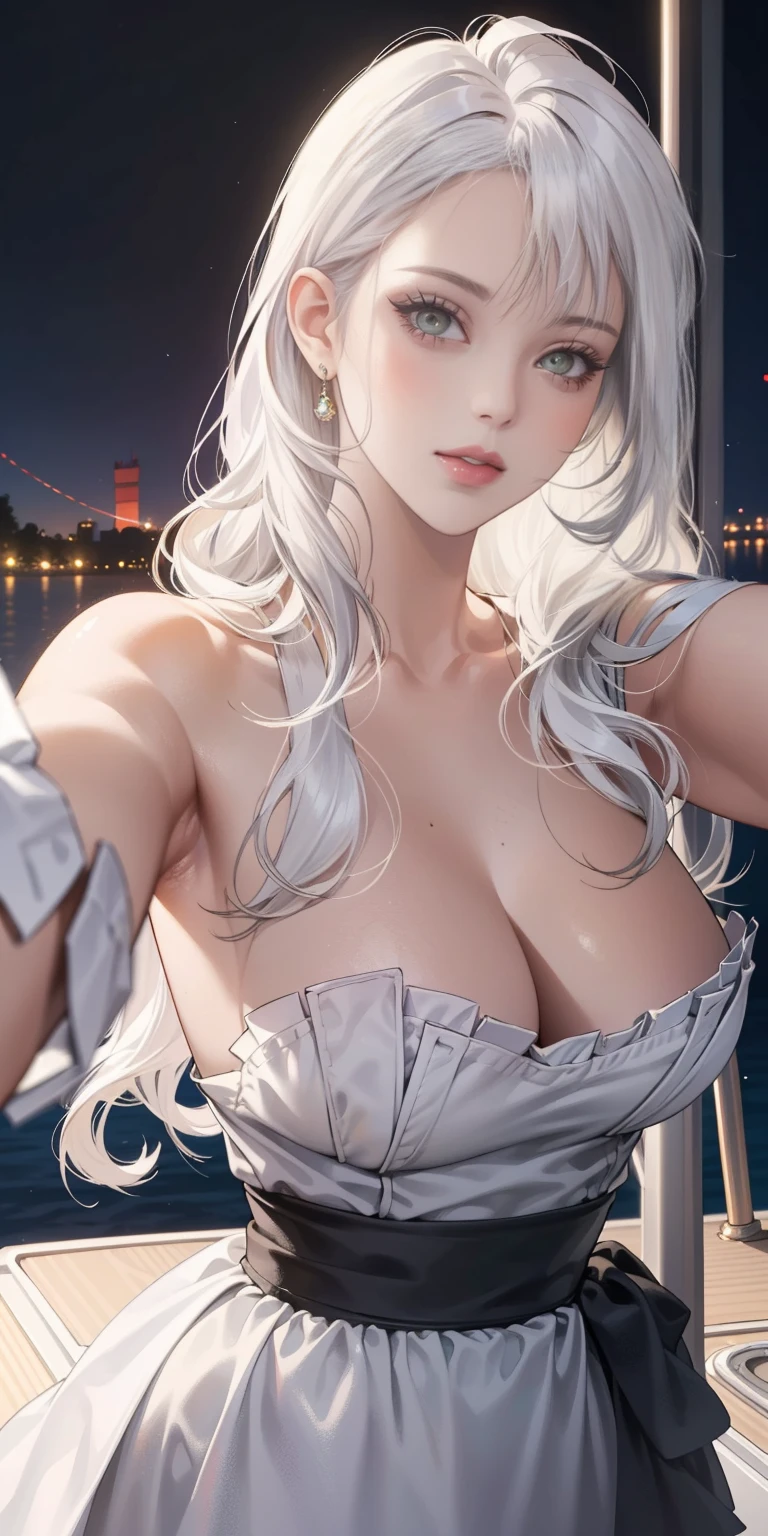 Pure white hair, Pure white hair, (waist length wavy hair 1.2), glowing hair, Detailed hair, Blue Eyes, beautidful eyes, extremely detailed eyes and face, Beautiful detailed eyes, Ultra-detailed, light on the face, (shiny lips 1.4), Fair skin, a 18 year old girl, (Idol makeup:1.2), Best Quality, The ultra-Highres, (Photorealistic:1.4), in 8k resolution, 1Girl, (Realistic hair:1.2), (American Girl:1.2), (photorealistic eyes:1.2), (Beauty face:1.3), Slim Body, White-glowing skin, large full breasts, cleavage, (Random expression:1.2), (mile:1.3), (random costumes:1.3), (Take a selfie on a yacht:1.2), Kodak Ektar 200, s whole body, A Smile, happy