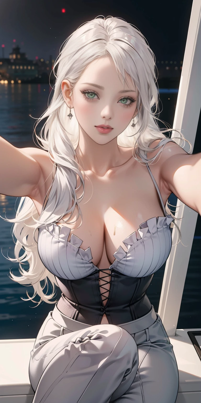 Pure white hair, Pure white hair, (waist length wavy hair 1.2), glowing hair, Detailed hair, Blue Eyes, beautidful eyes, extremely detailed eyes and face, Beautiful detailed eyes, Ultra-detailed, light on the face, (shiny lips 1.4), Fair skin, a 18 year old girl, (Idol makeup:1.2), Best Quality, The ultra-Highres, (Photorealistic:1.4), in 8k resolution, 1Girl, (Realistic hair:1.2), (American Girl:1.2), (photorealistic eyes:1.2), (Beauty face:1.3), Slim Body, White-glowing skin, large full breasts, cleavage, (Random expression:1.2), (mile:1.3), (random costumes:1.3), (Take a selfie on a yacht:1.2), Kodak Ektar 200, s whole body, A Smile, happy