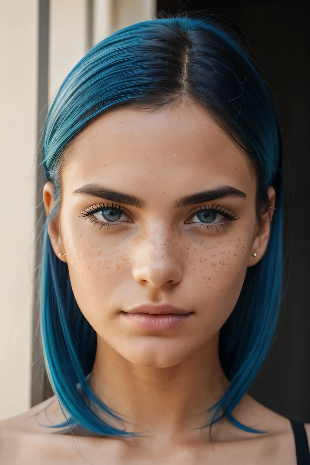 Close-up portrait photograph of a beautiful woman of about 24 years old, without makeup, with a medium freckle visible under the lip and small freckles on the cheeks, shoulder-length hair, color blue hair, full lips, thin eyebrows and pretty nose, T-shirt with neckline, detailed skin, respecting shadows, Portrait Photo, Big Honey Colored Eyes, Shoulders and Head Portrait Photo, Studio Photo, Perfect Shadows, Detailed Photography, 8K, UHD