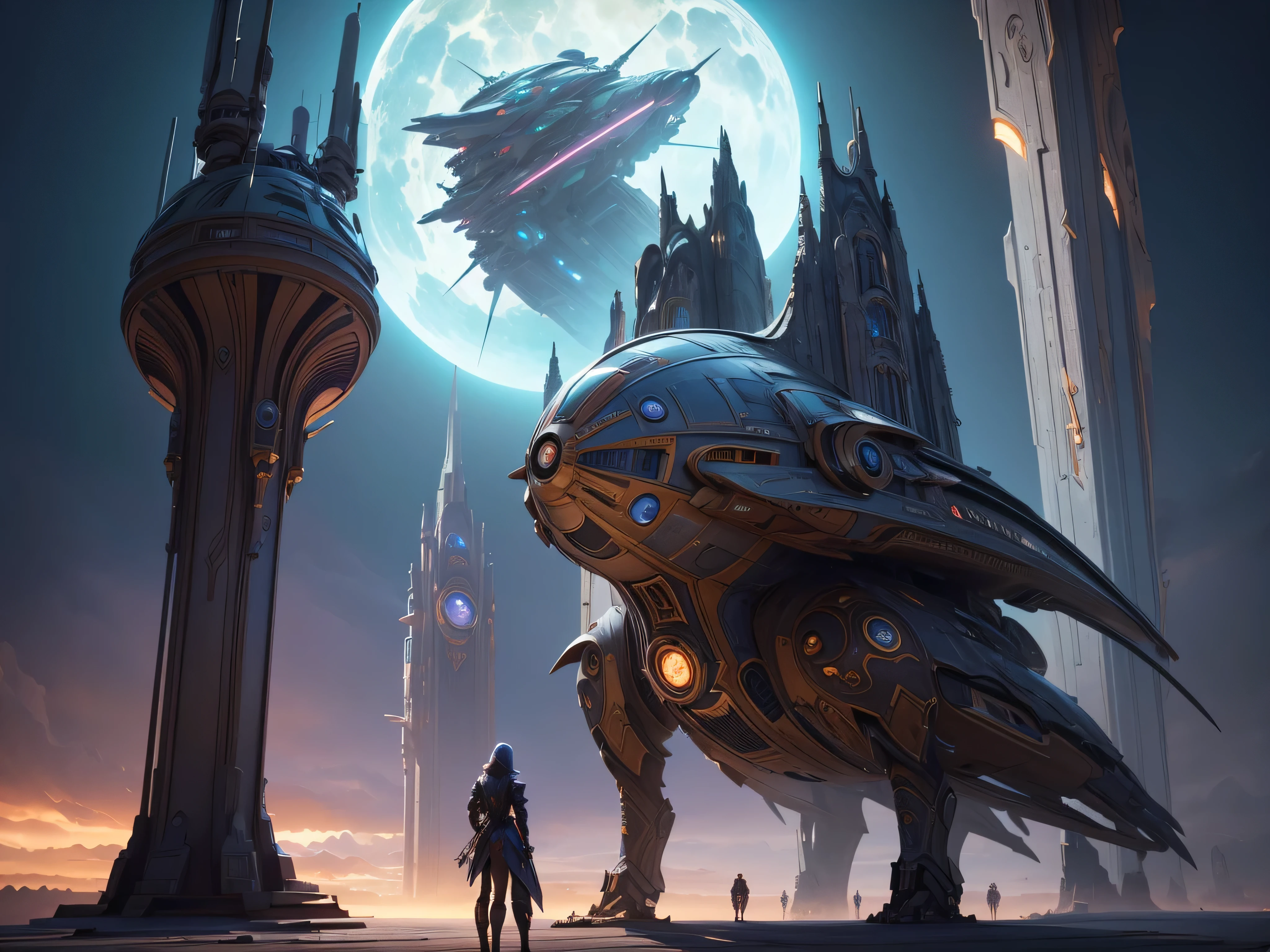 there is a woman standing in front of a clock with a spaceship in the background, sci-fi fantasy wallpaper, epic fantasy sci fi illustration, sci-fi fantasy art, epic scifi fantasy art, mystical sci-fi concept art, sci-fi high fantasy, sci-fi fantasy desktop wallpaper, by Johfra Bosschart, futuristic utopian fantasy, award winning scifi art