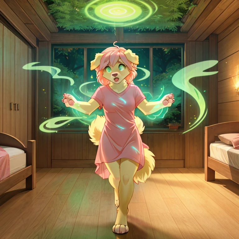 shocked feral Female Golden retriever with pink fur long Pink hairs and glowing Green eyes there is some traces of magic floating around her she is in a bedroom