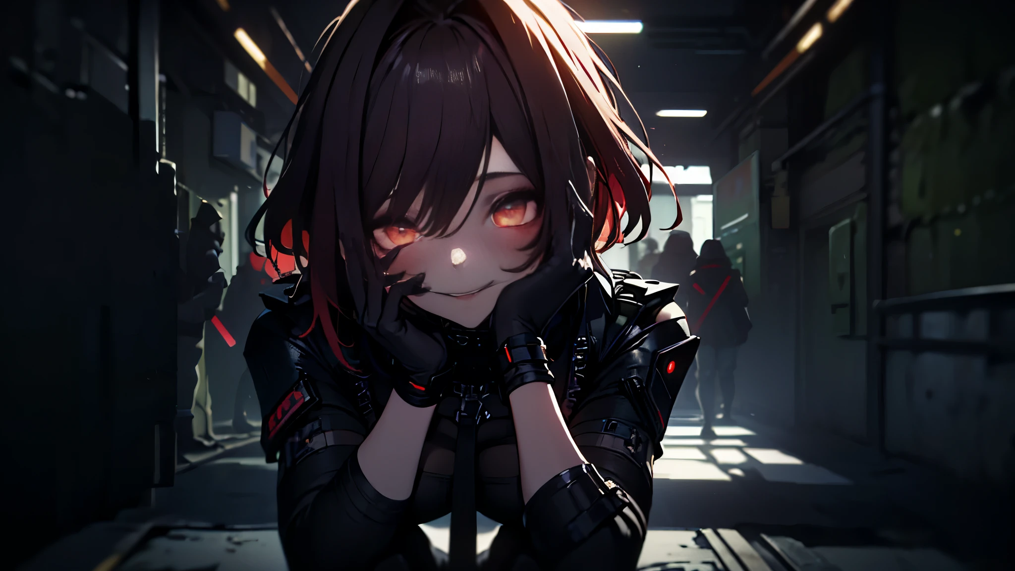 ((Best quality)), ((masterpiece)), (detailed:1.4), 3D, an image of a beautiful cyberpunk female, Yandere , Yandere Face , Trance , Trance Eyes , yameroyandere , constricted pupils , yandere ,
empty eyes . shaded face , crazy eyes , glowing eyes , crazy smile , dark, long burning red hair, burning hair, light brown eyes, red Barret, Black Soldier Shirt, Black under cloth, black panty, Grenade belt, Big chest, Big thigh, High thigh black knee sock, full view of girl, battlefield background, black combat boot, red necktie, black glove, black combat suit, black jacket, black cloak, black panty, ammo belt, HDR (High Dynamic Range),Ray Tracing,NVIDIA RTX,Super-Resolution,Unreal 5,Subsurface scattering,PBR Texturing,Post-processing,Anisotropic Filtering,Depth-of-field,Maximum clarity and sharpness,Multi-layered textures,Albedo and Specular maps,Surface shading,Accurate simulation of light-material interaction,Perfect proportions,Octane Render,Two-tone lighting,Wide aperture,Low ISO,White balance,Rule of thirds,8K RAW,