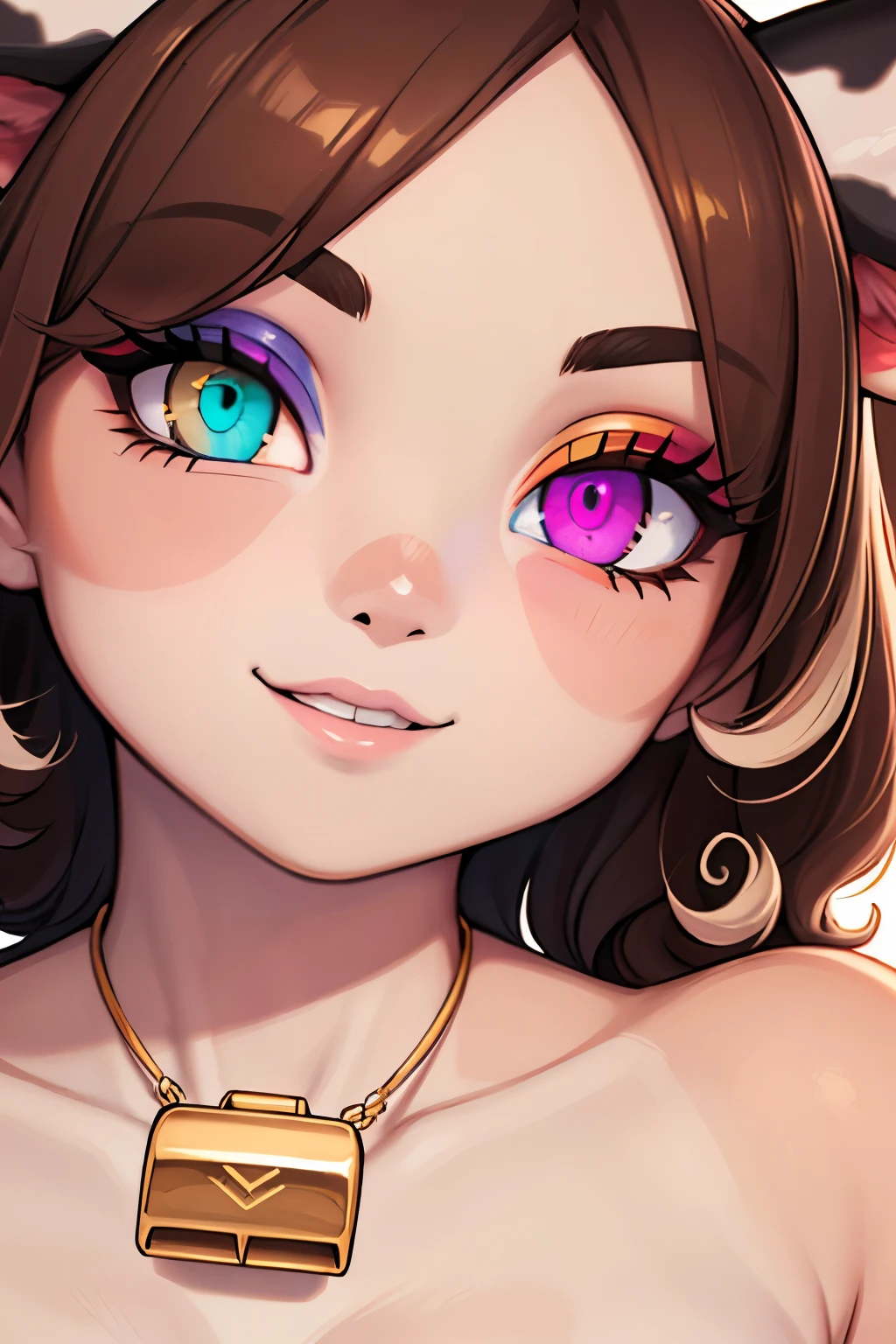 1girl, (masterpiece), best quality, highly detailed face, expressive eyes, Professional Photography, Girl Cow, (((short brown curly hair))), [cow bell], ((cow horns)), (cow ears), (((heterochromia eyes))), thick eyebrows, smiling, ((((extreme face close-up)))), 
BREAK, 
Warm contouring shades reminiscent of a sunset, enhancing the natural warmth of the face, illuminated with golden peachy highlights for a sun-kissed radiance, brightening glossy makeup with glossy coral eyeshadow, sunlit glossy lids, vibrant gloss on the lips, creating a warm and luminous effect, 