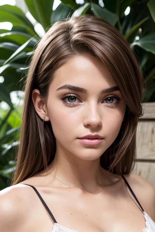 Belle fille, Marron_eyeeautiful mince adolescente de 18 ans, cheveux color [Brown highlights cheveux], [Pixie undercut] cheveux)), boucles d’oreilles, lèvres, Réaliste, taille étroite, charmant, pink lèvrestick, maquillage coloré, Cils longs, boucles d’oreilles, porter de l’eye-liner, peau claire, (mignon), (face détaillée), Yeux détaillés, Iris détaillé, nuisette, corp magnifique, plage, corps athlétique, abdominaux prononcés sur l&#39, ((Vêtements avec moins de tissu))，