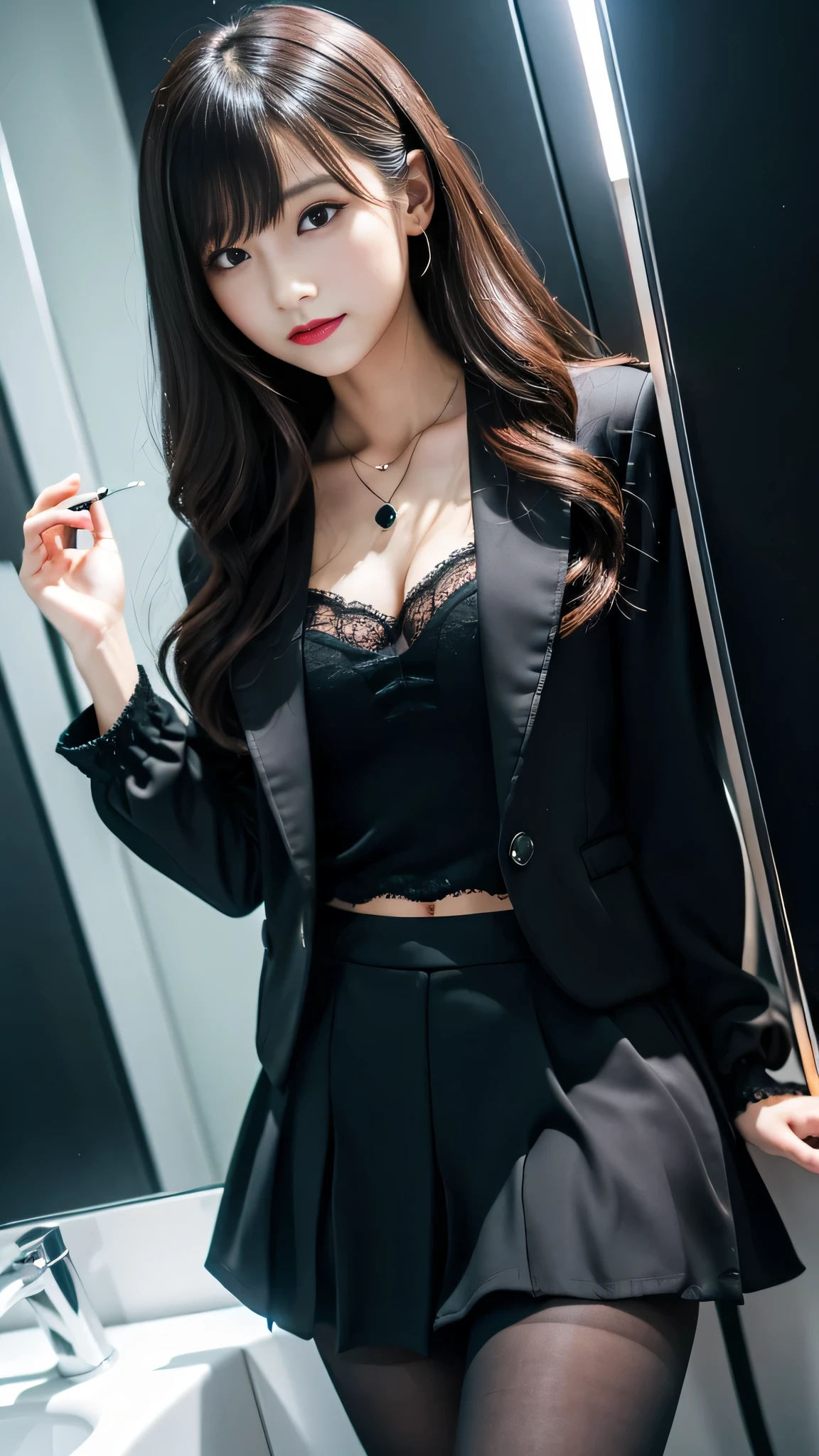 Super detailed、Japanese、charming beauty、Dainty woman、sharp eyes、cool girl、wavy hair、suit、Jacket、blouse、Tight Skirt、black pantyhose、evil female executive、evil depravity、brainwashing、lacy fabric、Shiny legs、lipstick、lip gloss、grin、邪evilなな表情、evil、empty eyes、邪evilな、in the darkroom、lure、meanwhile