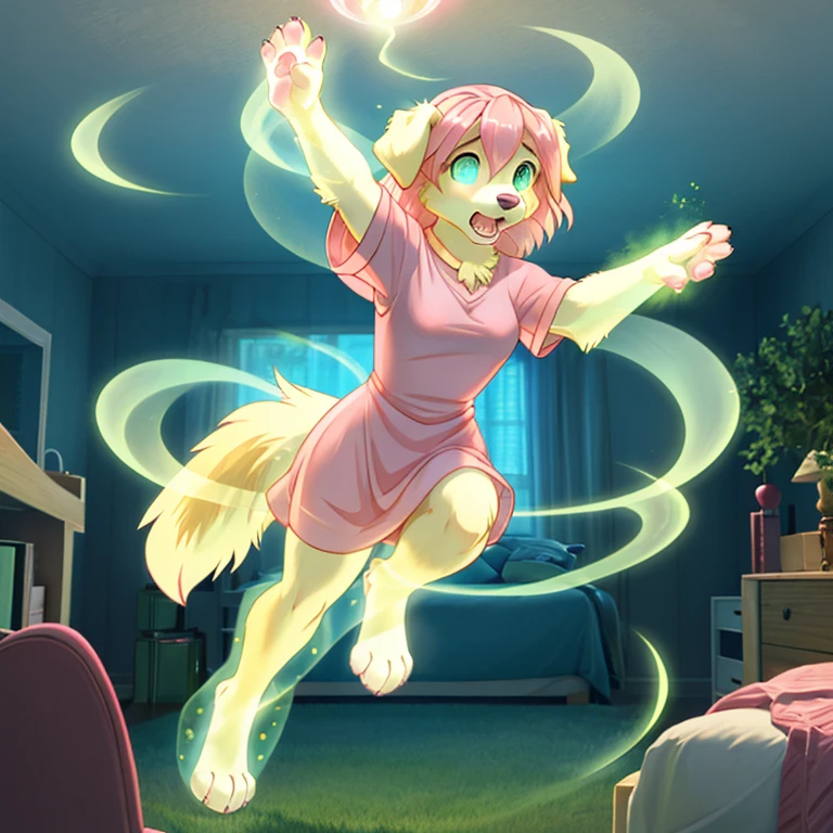 shocked feral Female Golden retriever with pink fur long Pink hairs and glowing Green eyes there is some traces of magic floating around her she is in a bedroom