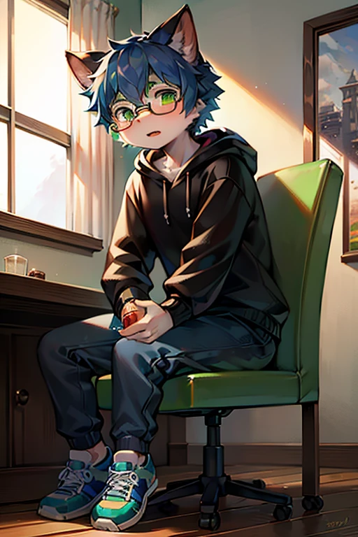 best quality,4k,high resolution,Ultra-detailed,Photorealism:1.37),serious expression,blue short hair,green highlight,cat ears,cat tail,green eyes luffy,Shota,male,cute,illustration,digital painting,studio lighting,bright colors,Surreal,pastel color palette,soft light,hairy,long tail,personification,hairy艺术风格,green case,black hoodie,Glasses,White trouserlack sneakers,indoors,sit on the chair,Drink Coke,Look out the window