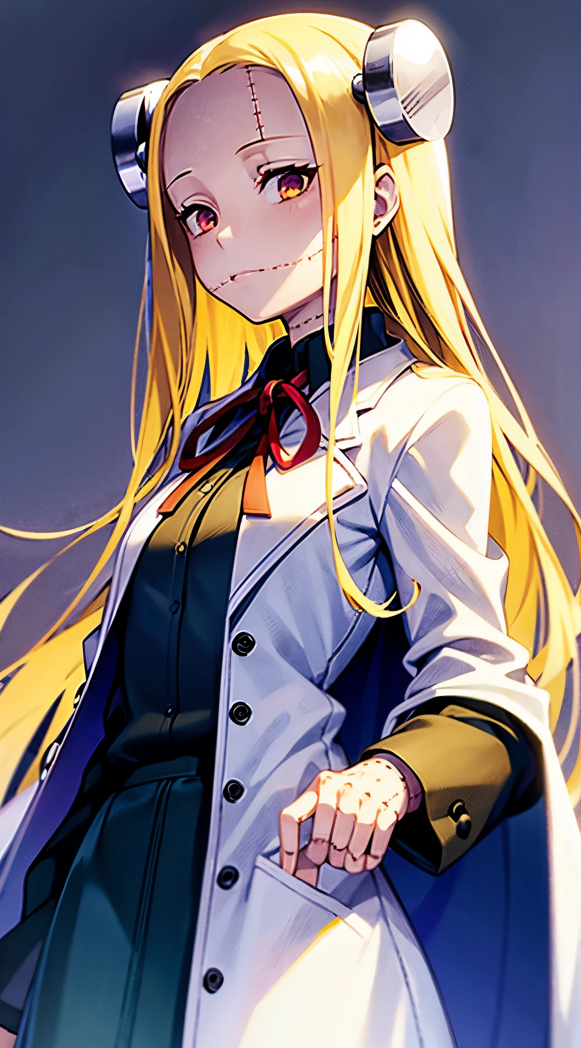 Fran,young woman,White lab coat,((Calm)), long hair , yellow hair,seams , Scars on the body , (Points Forward),