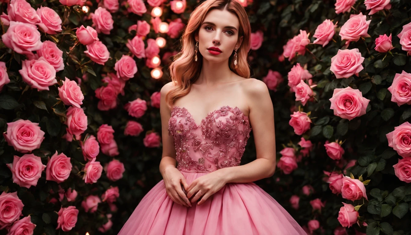 There is a pretty girl (Emma Roberts), em um vestido Magenta escuro longo e detalhado, pink rosas are growing in a bush with lights on the side, Pink Rose Lighting, beautiful and aesthetic, beautiful aesthetic, rosas, rosas in cinematic light, flores brilhantes, magic flowers, lindo iluminado, Flores bonitas, loiras, beautiful aesthetic lighting, dreamy aesthetic, ambiente bonito, laying on rosas, 🌺 sociedade cg, luzes com flor, Flores cor de rosa
