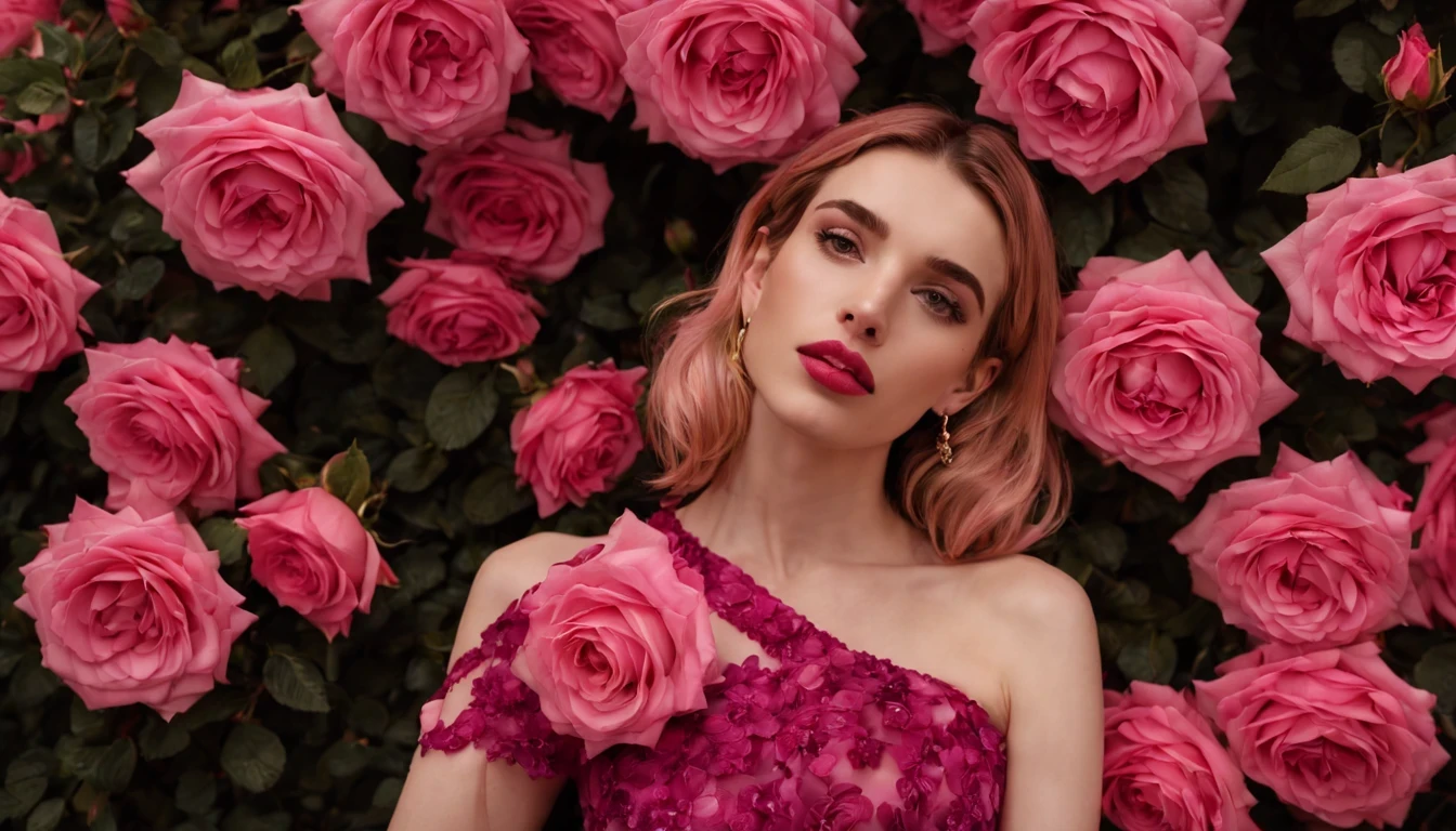 There is a pretty girl (Emma Roberts), em um vestido Magenta escuro longo e detalhado, pink rosas are growing in a bush with lights on the side, Pink Rose Lighting, beautiful and aesthetic, beautiful aesthetic, rosas, rosas in cinematic light, flores brilhantes, magic flowers, lindo iluminado, Flores bonitas, loiras, beautiful aesthetic lighting, dreamy aesthetic, ambiente bonito, laying on rosas, 🌺 sociedade cg, luzes com flor, Flores cor de rosa
