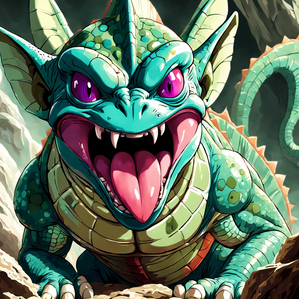 Its tongue can be extended like a chameleon's. It leaves a tingling sensation when it licks enemies, in dragonball art style