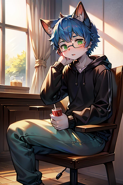 best quality，4k，high resolution，Ultra-detailed，Photorealism：1.37），serious expression，blue short hair，green highlight，cat ears，cat tail，green eyes luffy，Shota，male，cute，illustration，digital painting，studio lighting，bright colors，Surreal，pastel color palette，soft light，hairy，long tail，personification，hairy艺术风格，green case，black hoodie，Glasses，White trouserlack sneakers，indoors，sit on the chair，Drink Coke，Look out the window，Hold your face with your hands