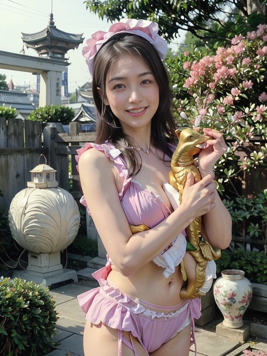 ((backwards:1.2))、 (High resolution、high quality、High resolution、be familiar with、masterpiece)、(There's a cute girl there)、smile at the camera、(Long pure Japanese hair with a beautiful hairpin and light brown hair)、(lean body:1.2)、(Beautiful and cute small and pink breasts:1.3)、(Ruffled bra and ruffled panties with detailed ornaments in purple or gold:1.3)、she wears a cute collar、garter belt with ruffles、(holding a golden dragon in both hands)、The pose is cute and very nice、(In front of the gate of a large old shrine)