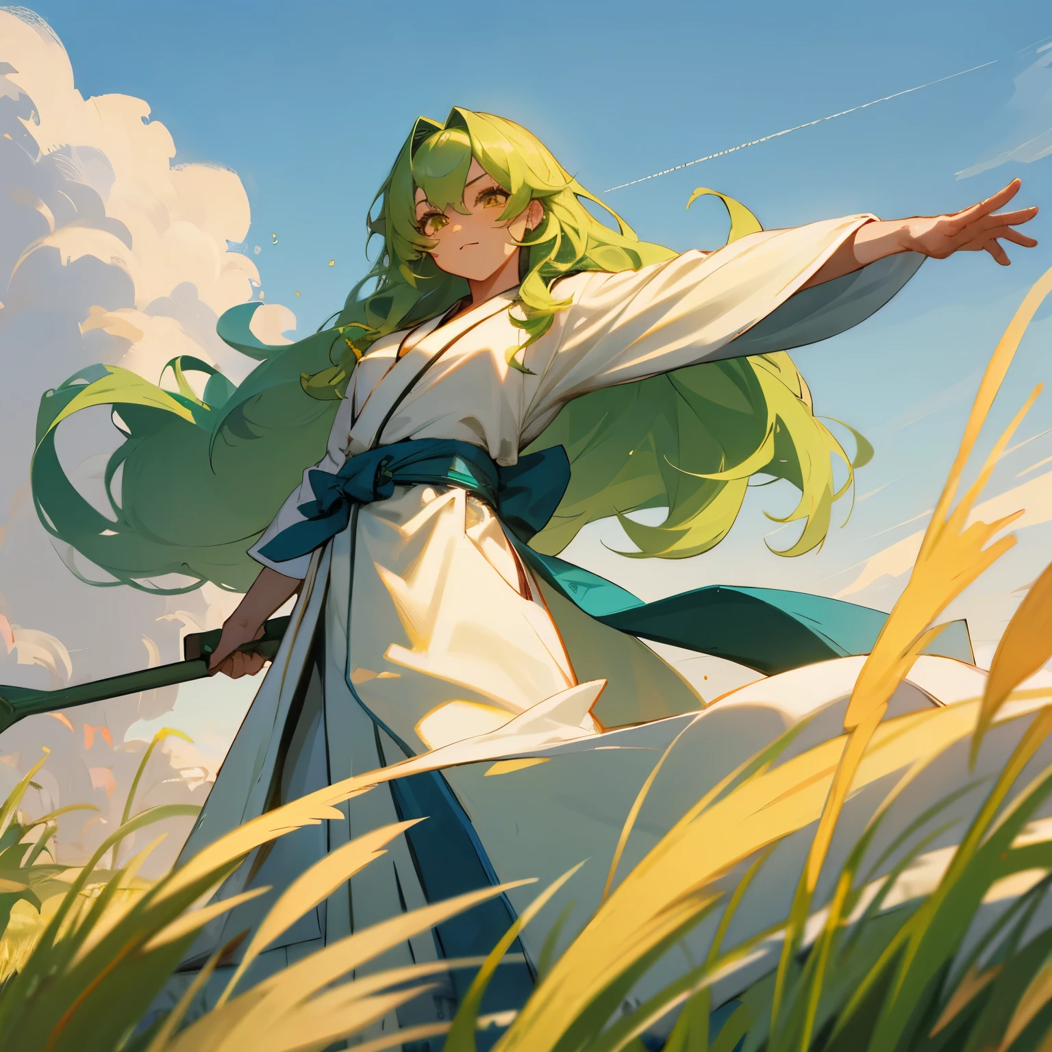 Green Hair , Golden Eyes , White Robes , Blue Sash belt , martial arts clothing, Long Hair , Wavy Hair , Muscular , Sunny Grassy Planes background , Perfect Generation