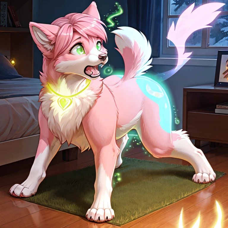 shocked feral Female dog with pink fur and glowing Green eyes standing on all fours there is some traces of magic floating around her she is in a bedroom