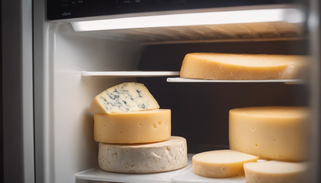 An open fridge at night filled with cheese. Moody, low saturation. Wide angle photography.