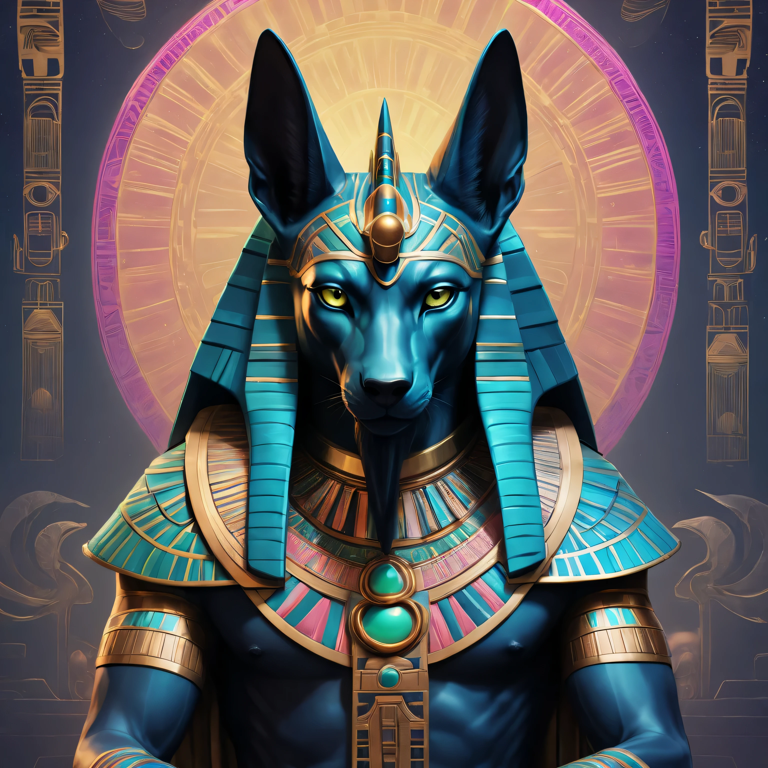 In Digital Pop Art Anime/Comic Book style, infuse a unique bias-lit and bioluminescent take on the Egyptian god Set, fitting the Anubis theme yet showcasing the power and cunning narrative of this deity, Explore such elements as twisted and layered forms, sharp lines, conflicting colors- all while maintaining a sense of balance and harmony with the iconic severed head and serene stare. Create a captivating digital artwork featuring Set as a hybrid entity, blending animalistic features with intricate geometric patterns, Using the Anubis color palette of deep blues, golds, and blacks yet accenting with luminous pinks and greens to symbolize the unearthing of hidden narrative and untold knowledge, Captivate the essence of Set as a mischievous yet powerful god, master of magic and chaos, subtly hinting at discrepancies and mysteries in Egyptian folklore.