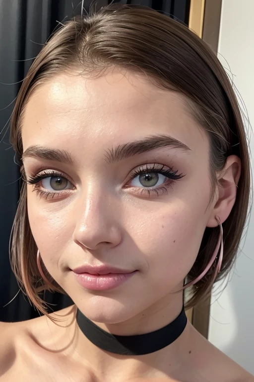 Belle fille, Marron_eyeeautiful mince adolescente de 18 ans, cheveux color [Brown highlights cheveux], [Pixie undercut] cheveux)), boucles d’oreilles, lèvres, Réaliste, taille étroite, charmant, pink lèvrestick, maquillage coloré, Cils longs, boucles d’oreilles, porter de l’eye-liner, peau claire, (mignon), (face détaillée), Yeux détaillés, Iris détaillé, 8k, yeux parfait, Micro robe moulante couleur blanche et or