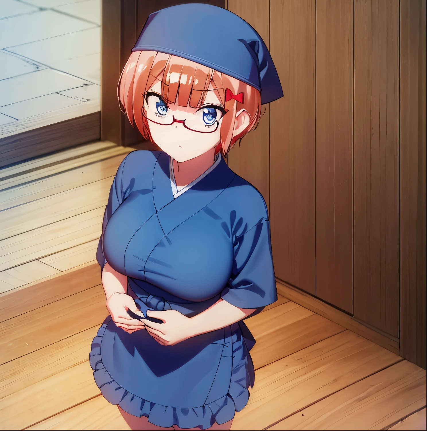 (extremely detailed CG unity 8k wallpaper), (masterpiece), (best quality), (ultra-detailed), (best illustration), (best shadow), (absurdres), 1girl, alone, , ogata rizu, large breasts, short, (glasses, semi-rimless eyewear, red-framed eyewear, under-rim eyewear), (japanese clothes, blue kimono, sash, obi, waist apron, wide sleeves), blue headwear, doorway, from above, looking up, looking at viewer,big breasts, medium waist, wide hips, medium thighs, good anatomy, good hands