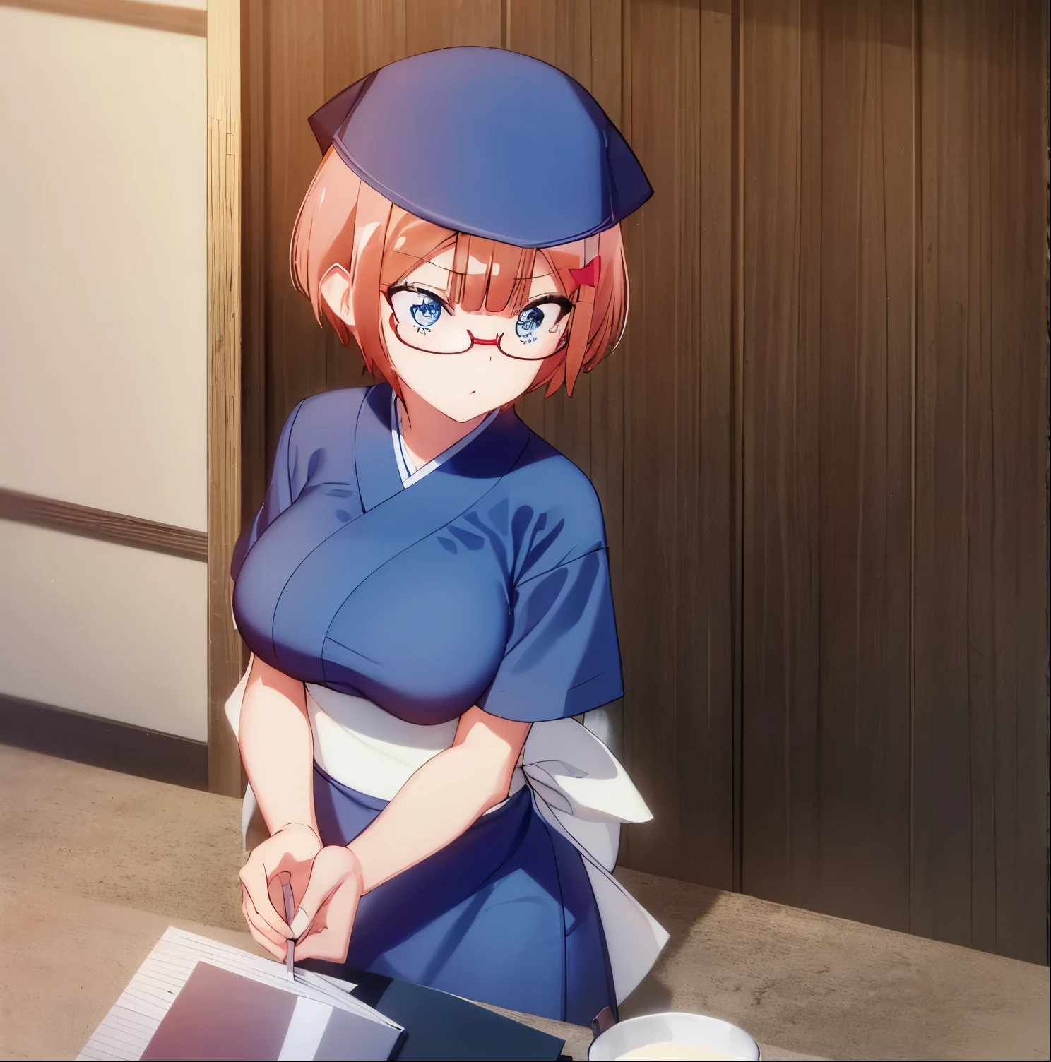 (extremely detailed CG unity 8k wallpaper), (masterpiece), (best quality), (ultra-detailed), (best illustration), (best shadow), (absurdres), 1girl, alone, , ogata rizu, large breasts, short, (glasses, semi-rimless eyewear, red-framed eyewear, under-rim eyewear), (japanese clothes, blue kimono, sash, obi, waist apron, wide sleeves), blue headwear, doorway, from above, looking up, looking at viewer,big breasts, medium waist, wide hips, medium thighs, good anatomy, good hands