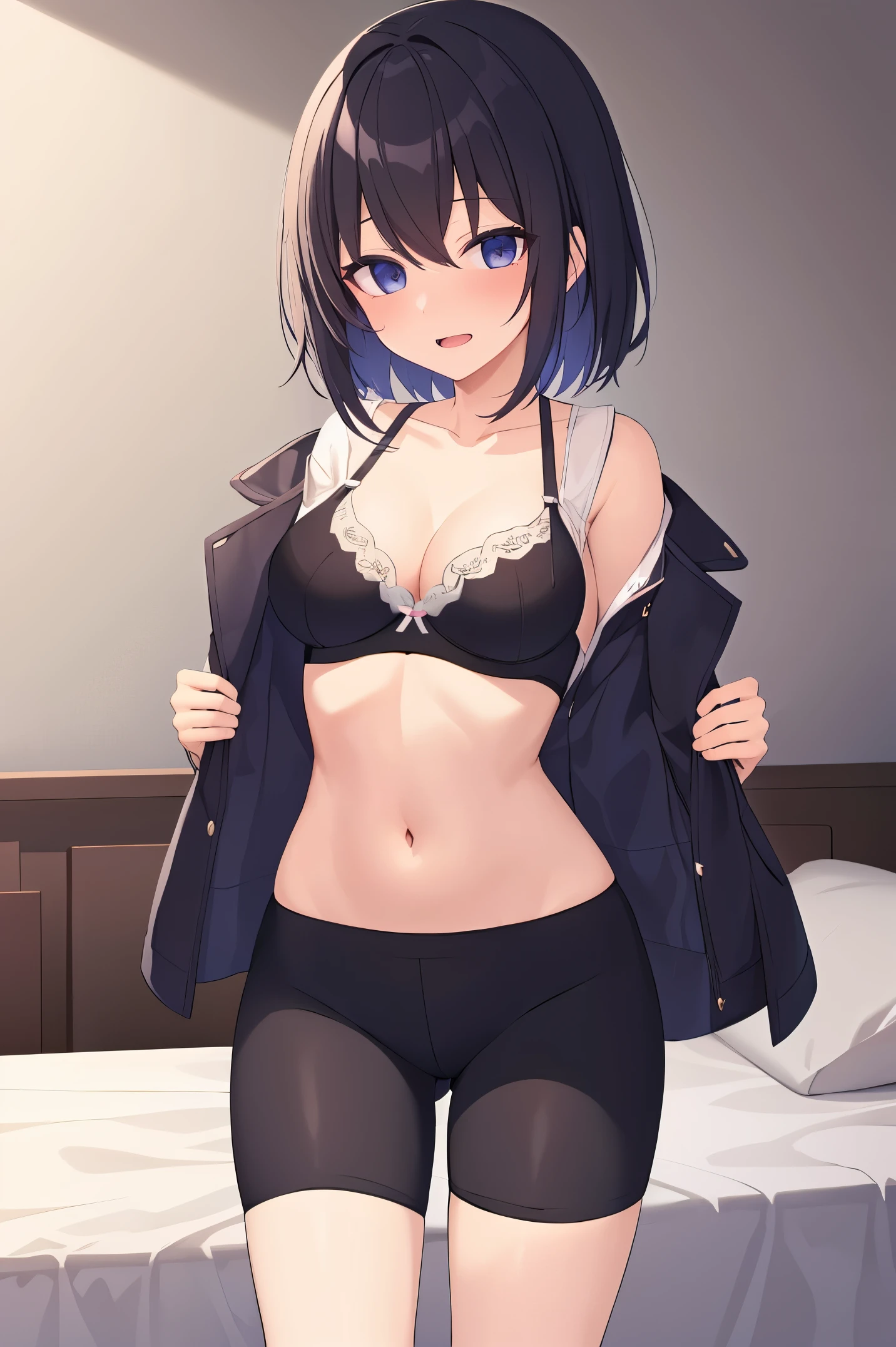 1 girl, best quality, ultra high res, medium hair, looking at viewers, medium breast, standing, smile, open mouth, Jersey Jacket, Bra, Bike Shorts, bedroom, white bed sheets,
