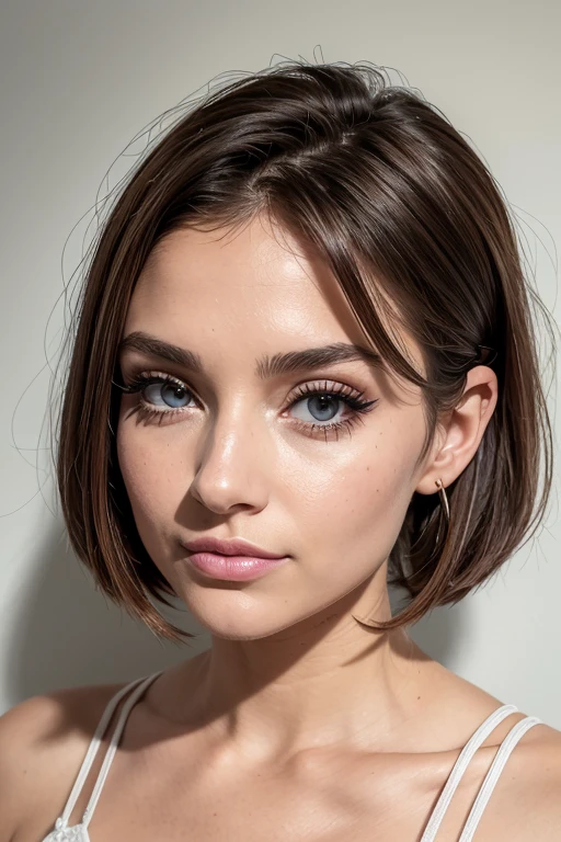 Belle fille, Marron_eyeeautiful mince adolescente de 18 ans, cheveux color [Brown highlights cheveux], [Pixie undercut] cheveux)), boucles d’oreilles, lèvres, Réaliste, taille étroite, charmant, pink lèvrestick, maquillage coloré, Cils longs, boucles d’oreilles, porter de l’eye-liner, peau claire, (mignon), (face détaillée), Yeux détaillés, Iris détaillé, 8k, yeux parfait, Micro robe moulante couleur blanche et or