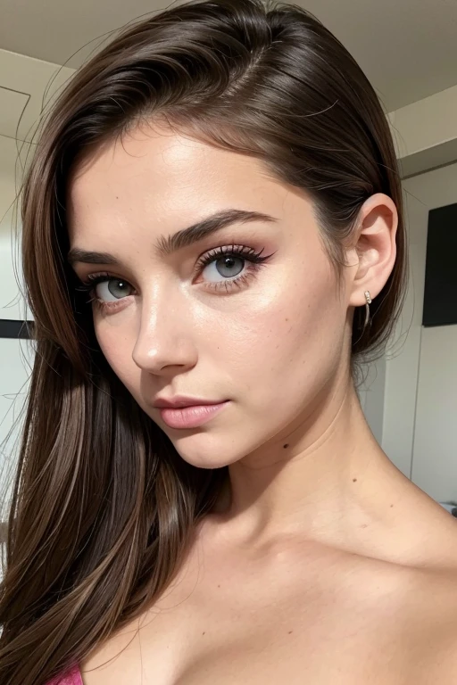 Belle fille, Marron_eyeeautiful mince adolescente de 18 ans, cheveux color [Brown highlights cheveux], [Pixie undercut] cheveux)), boucles d’oreilles, lèvres, Réaliste, taille étroite, charmant, pink lèvrestick, maquillage coloré, Cils longs, boucles d’oreilles, porter de l’eye-liner, peau claire, (mignon), (face détaillée), Yeux détaillés, Iris détaillé, 8k, yeux parfait, hors des épaules, Chandails