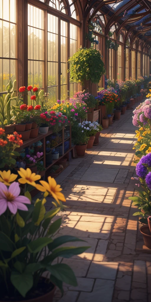 (ultra-detailed CG unity 8k wallpaper, masterpiece, best quality, depth of field, HDR, intricate), (no humans, scenery), greenhouse, flowers, light particles, wallpaper, best quality, extremely detailed, extremely delicate and beautiful, vibrant colors, sharp focus,