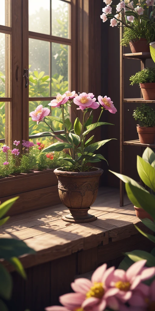 (ultra-detailed CG unity 8k wallpaper, masterpiece, best quality, depth of field, HDR, intricate), (no humans, scenery), greenhouse, flowers, light particles, wallpaper, best quality, extremely detailed, extremely delicate and beautiful, vibrant colors, sharp focus,