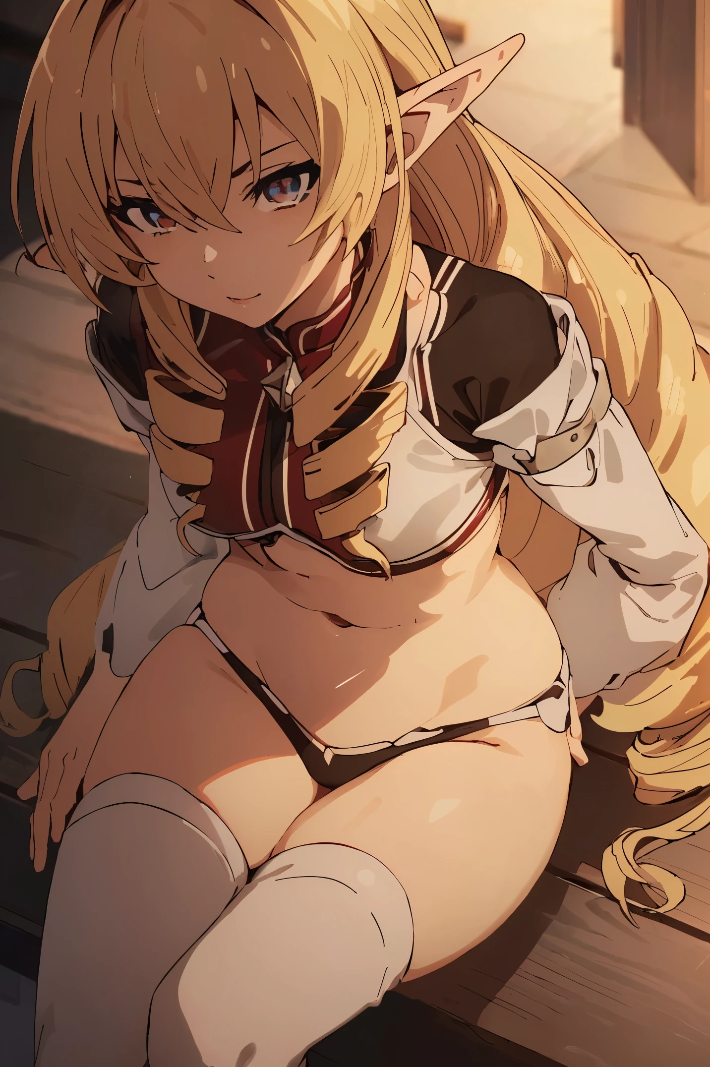 kyoto animation, super detailed skin,
best quality, High resolution,(Illustration:0.8), ((Beautiful detailed eyes:1.6)), extra detailed face, extremely details CG, (Perfect hands, Perfect Anatomy),masterpiece,perfect anatomy,anime keyvisual, gene cg,1girl,(((blonde hair, very long hair,pointy ears,twin drills,red eyes,ahoge,elf,drill hair,hair between eyes,bangs,hair intakes,hair behind ear))),cowboy shot,slim thighs,sitting 