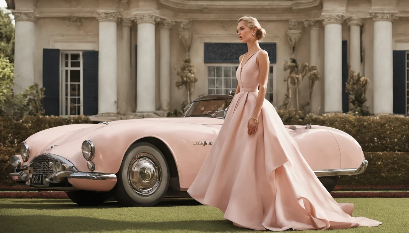 There is a pretty girl "Grace Kelly", em um vestido bege longo e detalhado, natureza, um amontoado de rosas cor-de-rosa do lado de fora da casa, architectural render, natureza, integration, (Melhor qualidade, alta qualidade, absurdo, detalhes intrincados, obra de arte, filme), Alto detalhe, desfoque de movimento, filme Grain, barulho, efeitos de lente,
