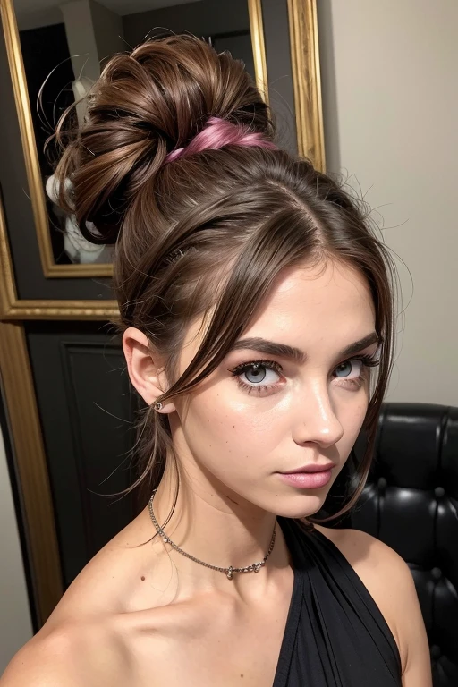 Belle fille, Marron_eyeeautiful mince adolescente de 18 ans, cheveux color [Brown highlights cheveux], [Pixie undercut] cheveux)), boucles d’oreilles, lèvres, Réaliste, taille étroite, charmant, pink lèvrestick, maquillage coloré, Cils longs, boucles d’oreilles, porter de l’eye-liner, peau claire, (mignon), (face détaillée), Yeux détaillés, Iris détaillé, corps athlétique, abdominaux prononcés sur l&#39,  en costume de Spiderman, ville , nuit