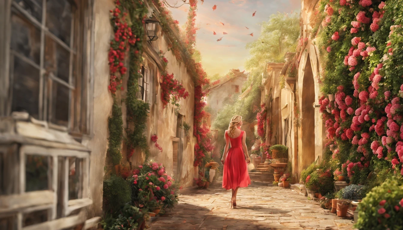 There is a pretty girl (Reese Witherspoon), em um vestido Vermelho longo e detalhado, natureza, um amontoado de rosas cor-de-rosa do lado de fora da casa, architectural render, natureza, integration, (Melhor qualidade, alta qualidade, absurdo, detalhes intrincados, obra de arte, filme), Alto detalhe, desfoque de movimento, filme Grain, barulho, efeitos de lente,
