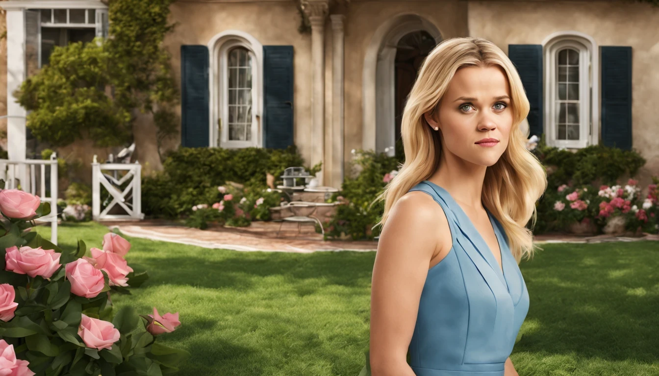 There is a pretty girl (Reese Witherspoon), em um vestido Vermelho longo e detalhado, natureza, um amontoado de rosas cor-de-rosa do lado de fora da casa, architectural render, natureza, integration, (Melhor qualidade, alta qualidade, absurdo, detalhes intrincados, obra de arte, filme), Alto detalhe, desfoque de movimento, filme Grain, barulho, efeitos de lente,