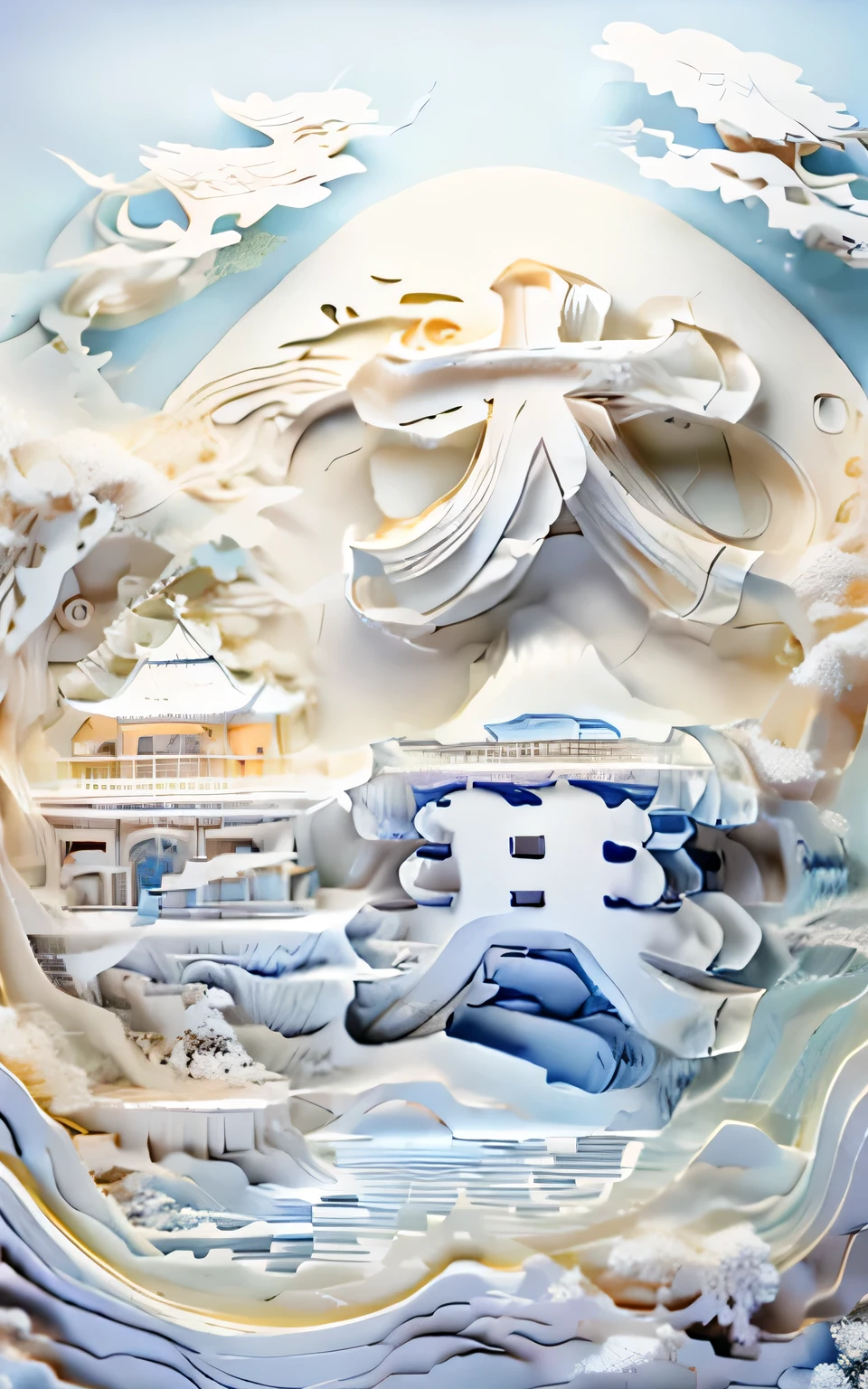 ((Blue and cream)),ice and snow,Baiyun,Plum Botham,(Surrounded by icebergs),Snowflakes fluttering,fantasy,Chinese style,mountains and flowing water,beautiful rivers and mountains,blue and white colors,,masterpiece,best quality,JKBB,national current,rendering,masterpiece,best quality,Natural light,Rich in details