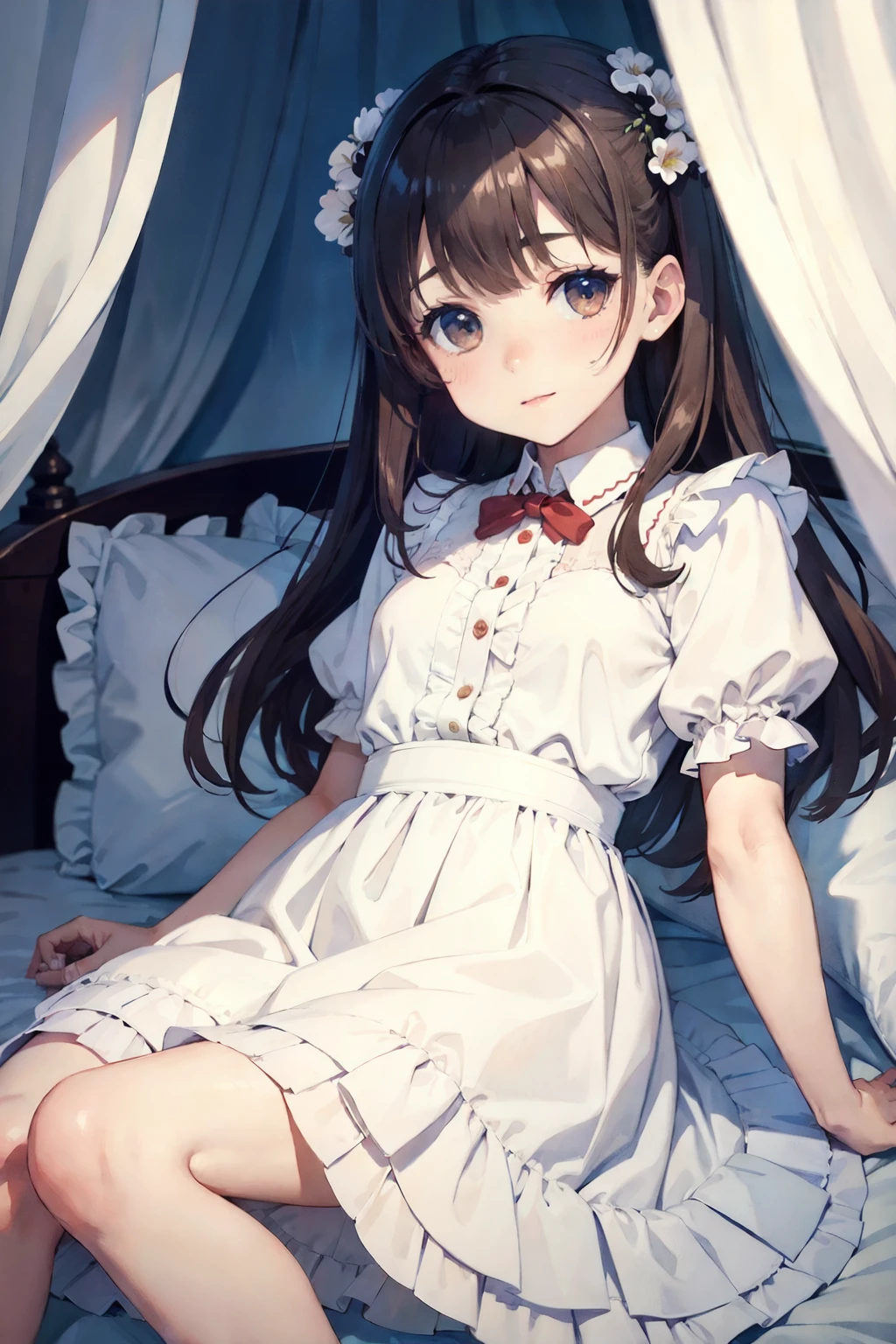 highest quality、cinematic lighting、girl wearing a white dress、mini skirt、brown hair、Sleep on a frilled bed with a canopy、watercolor painting、