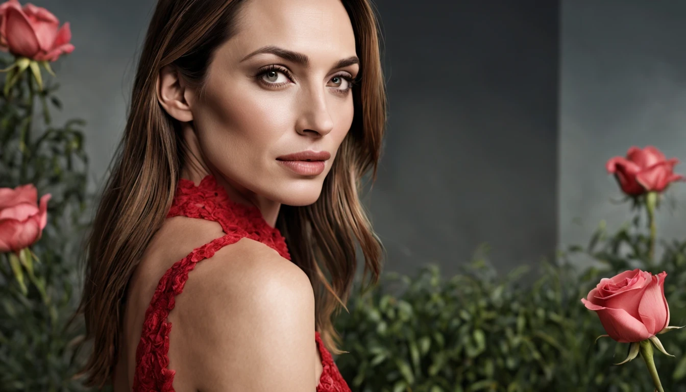 There is a pretty girl (Claire Forlani), em um vestido Vermelho longo e detalhado, natureza, um amontoado de rosas cor-de-rosa do lado de fora da casa, architectural render, natureza, integration, (Melhor qualidade, alta qualidade, absurdo, detalhes intrincados, obra de arte, filme), Alto detalhe, desfoque de movimento, filme Grain, barulho, efeitos de lente,
