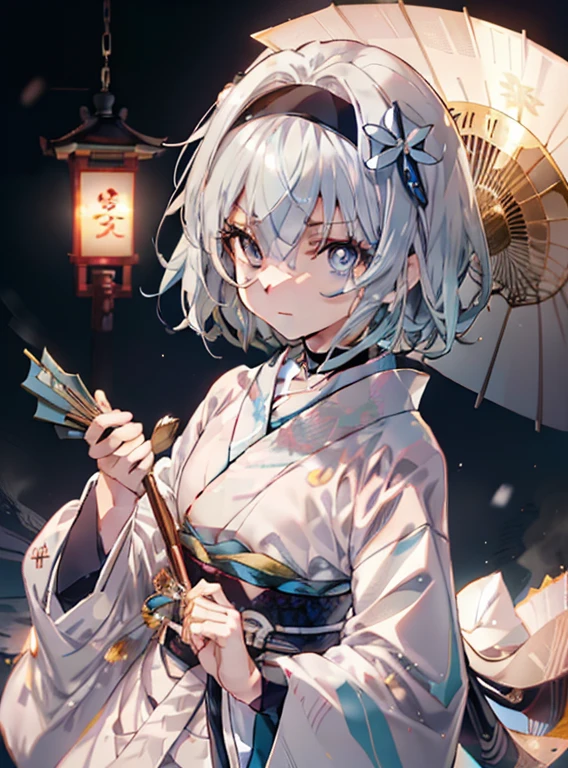 Empty silver，Empty silver　Ryouou&#39;s work, (blue eyes:1.5), (short hair:silver 9，Green 1), (flat chest:1.2),upper body,black headband，black choker，whole body,break，White furisode kimono，black hakama，white foot bag，Zori sandals，Japanese inn，background(Japanese snow garden)，happy atmosphere，Hold a fan with both hands to cover your mouth、太陽のまぶしさ
break (table top:1.2), highest quality, High resolution, unity 8k wallpaper, (figure:0.8), (detailed and beautiful eyes:1.6), highly detailed face, perfect lighting, Highly detailed CG, (perfect hands, perfect anatomy),