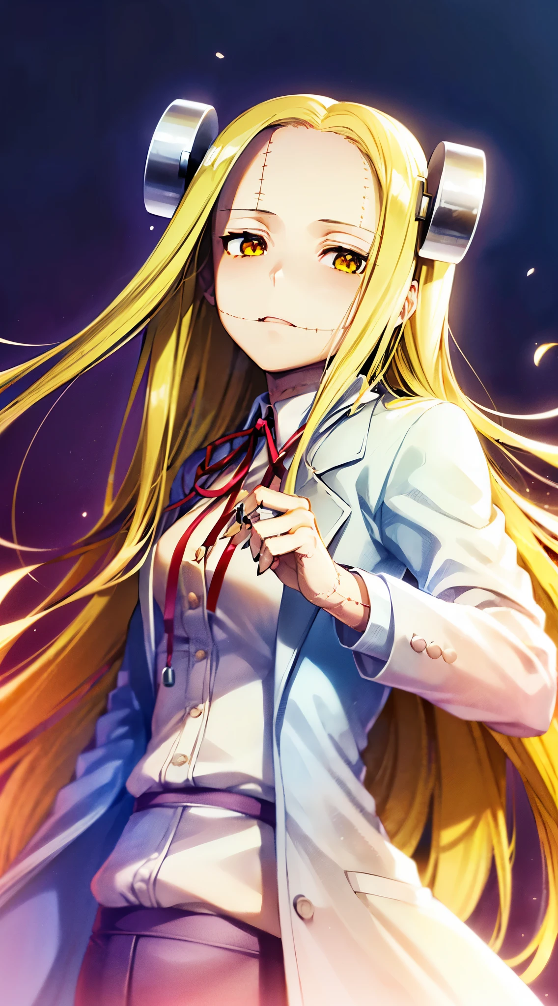 Madaraki_Fran,young woman, ((((wearing a white lab coat)))),((serious)), long hair , yellow hair,seams , Scars on the body , (Points Forward),(((пелец Points Forward)))