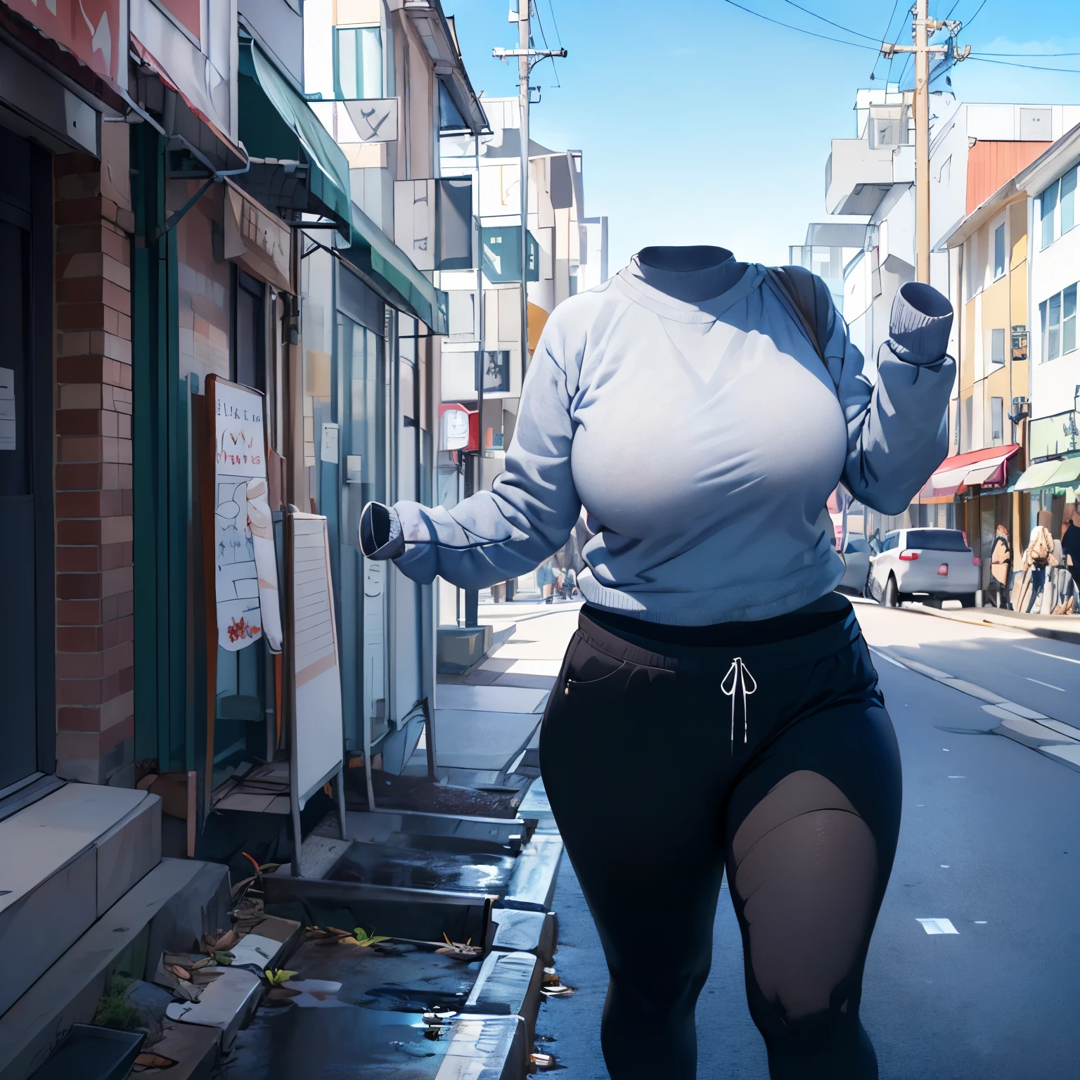 absurdres, highres, ultra detailed, sweater and leggings, cute big breasts, (invisible, no human, headless, handless:1.5), chubby, (close up to breasts), cute pose