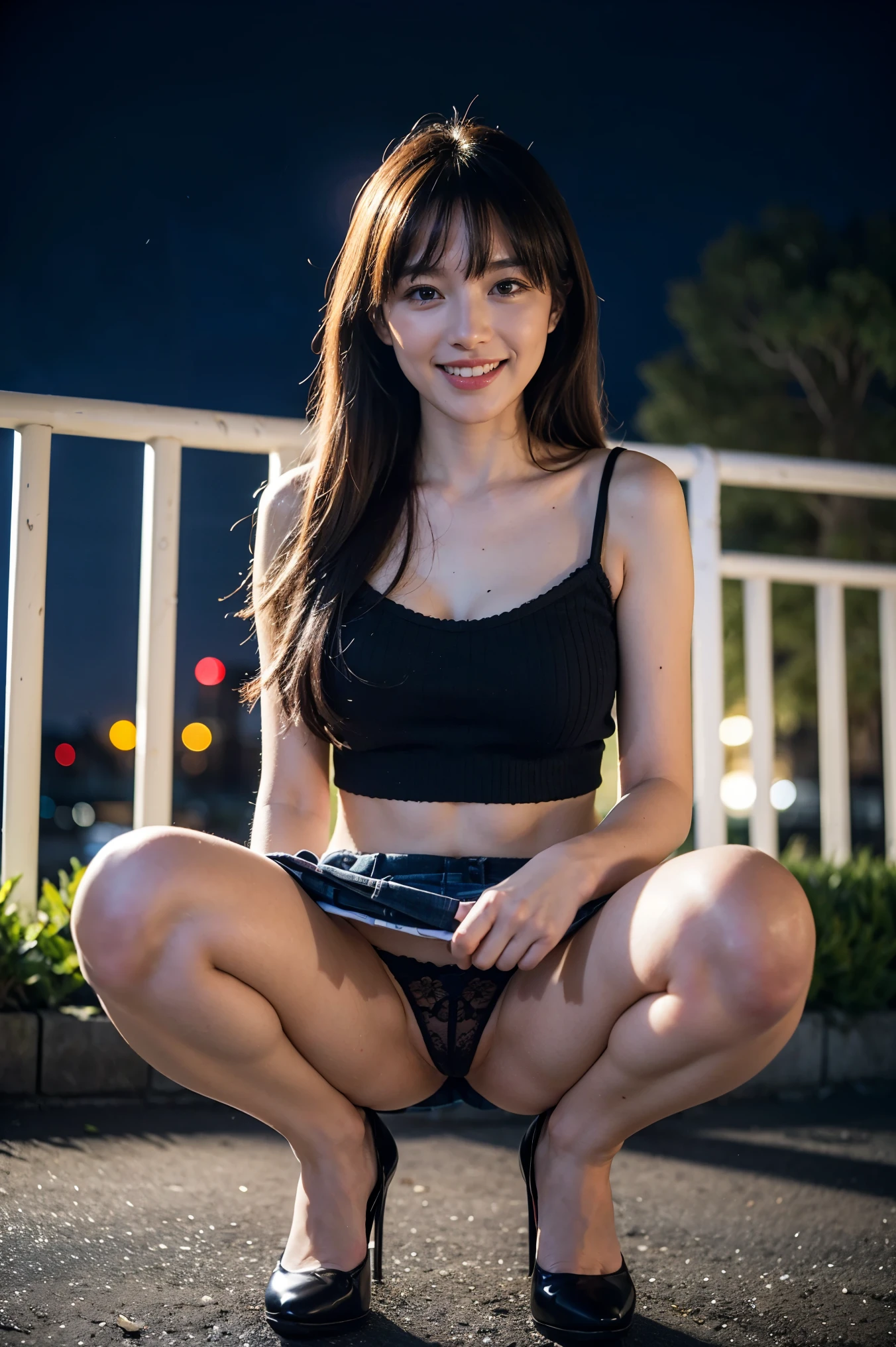 highest quality, muste piece, realistic, High resolution, 8k raw photo,alone, 1 girl, NSFW、medium long hair、45 years old、(knit mini skirt)、squat、slender body shape、legs spread wide、 ((black detailed panties))、in the park at night、laughter、high heels、torn skirt、((midnight:1.5))、both hands are on the ground、