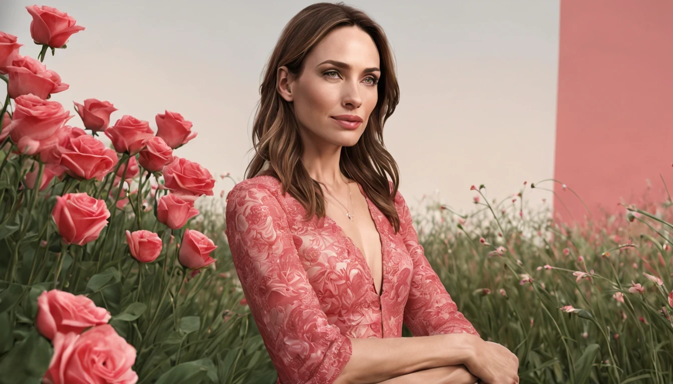 There is a pretty girl (Claire Forlani), em um vestido Vermelho longo e detalhado, natureza, um amontoado de rosas cor-de-rosa do lado de fora da casa, architectural render, natureza, integration, (Melhor qualidade, alta qualidade, absurdo, detalhes intrincados, obra de arte, filme), Alto detalhe, desfoque de movimento, filme Grain, barulho, efeitos de lente,