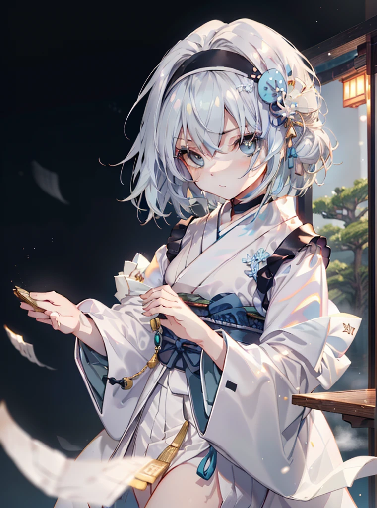 Empty silver，Empty silver　Ryouou&#39;s work, (blue eyes:1.5), (short hair:silver 9，Green 1), (flat chest:1.2),upper body,black headband，black choker，whole body,break，White furisode kimono，black hakama，white foot bag，Zori sandals，Japanese inn，background(Japanese snow garden)，happy atmosphere，Hold a fan with both hands to cover your mouth、太陽のまぶしさ
break (table top:1.2), highest quality, High resolution, unity 8k wallpaper, (figure:0.8), (detailed and beautiful eyes:1.6), highly detailed face, perfect lighting, Highly detailed CG, (perfect hands, perfect anatomy),